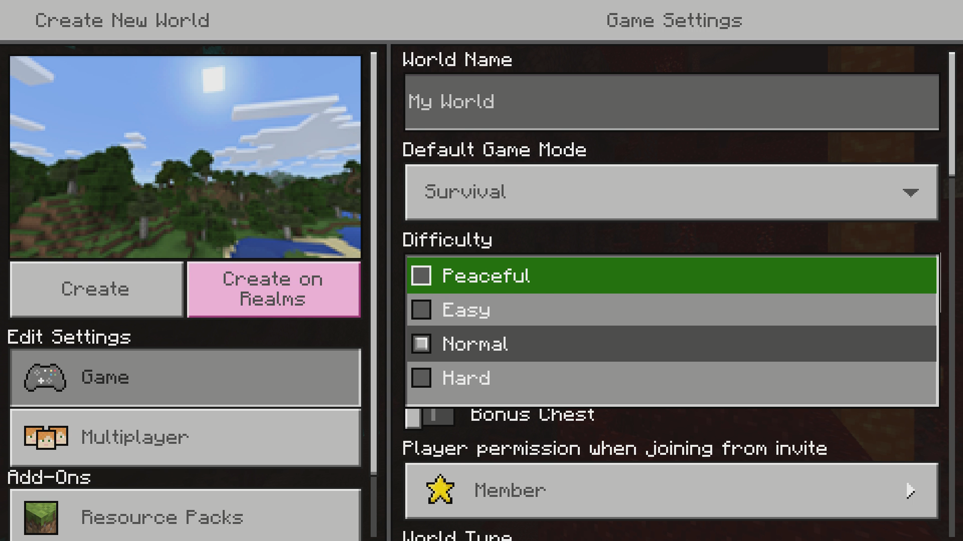 A screenshot of the “Create New World” menu in Minecraft. The value for “Default Game Mode” is set to “Survival.” There are four difficulty values on screen to choose from for Survival Mode, including “Peaceful,” “Easy,” “Normal,” and “Hard.”