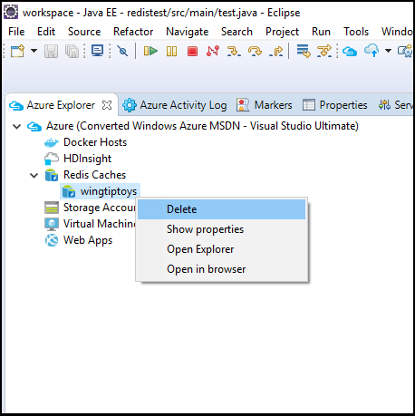 Azure Explorer context menu to delete a redis cache