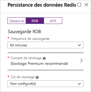 Capture d’écran du portail Azure montrant les options de persistance RDB sur une nouvelle instance de cache Redis.