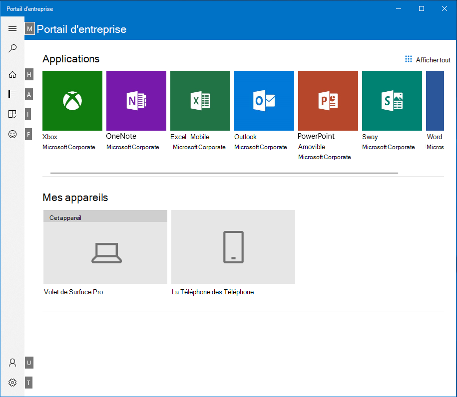 Capture d’écran des raccourcis disponibles dans le Portail d’entreprise Windows