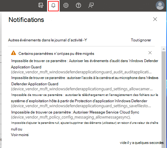 Capture d’écran montrant des notifications avec des informations supplémentaires lors de la création de la stratégie dans Microsoft Intune.