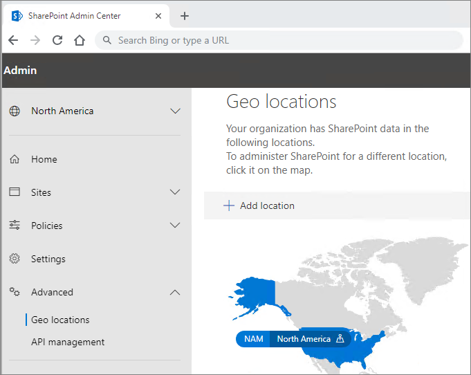 Capture d’écran de la page des emplacements géographiques dans le Centre d’administration SharePoint.