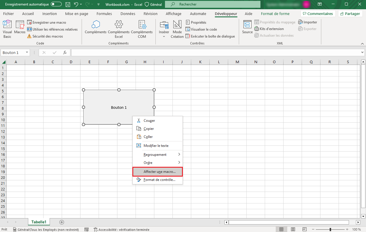 Capture d’écran de l’option Attribuer une macro d’un bouton Excel.