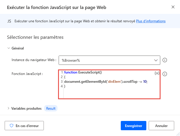 Capture d’écran de la fonction Exécuter Javascript sur une page Web avec la propriété scrollTop.