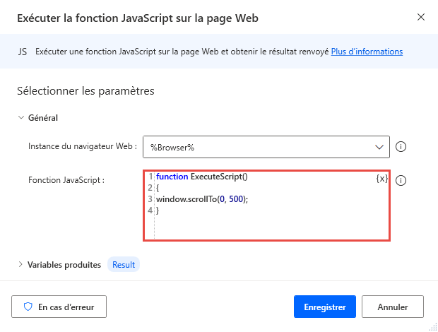 Capture d’écran de la fonction Exécuter Javascript sur une page Web avec la fonction scrollTo.