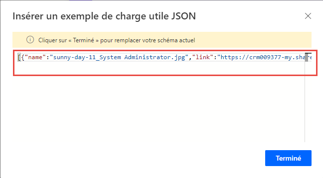 Capture d’écran d’un exemple de charge utile JSON.