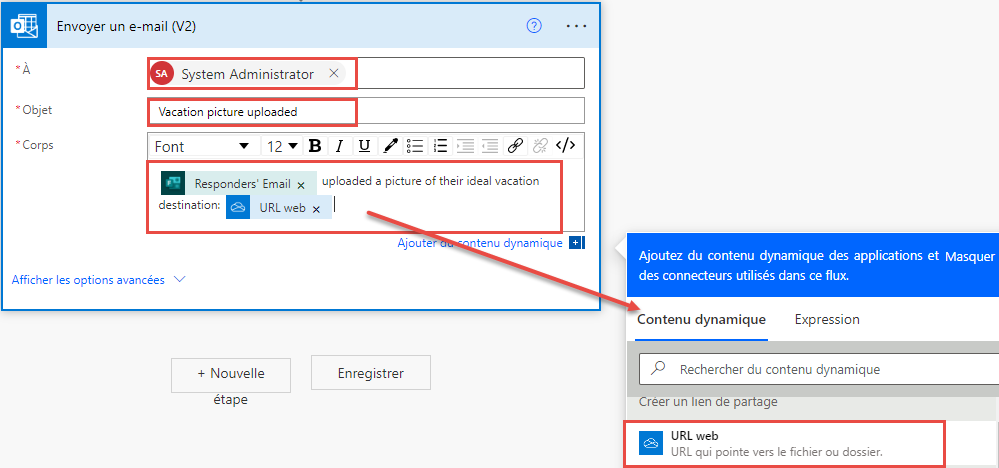 Capture d’écran d’une action d’envoi d’courrier électronique Outlook dans un flux en cours de construction, avec les informations personnalisées et le contenu dynamique en surbrillance.