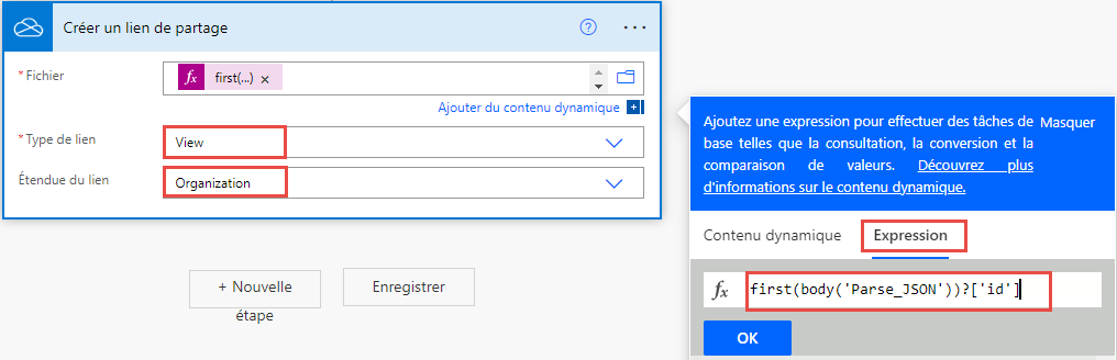 Capture d’écran d’une action OneDrive Créer un lien de partage dans un flux en cours de construction, avec le fichier chargé, le type de lien et l’étendue du lien du formulaire en surbrillance.