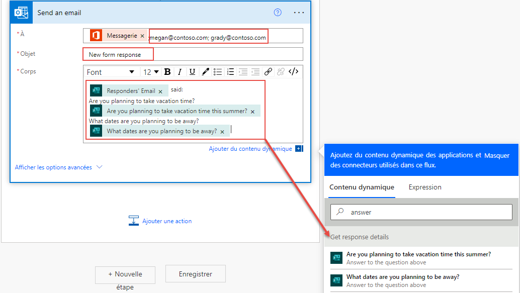 Capture d’écran d’une action d’envoi d’courrier électronique Outlook dans un flux en cours de construction, avec les informations personnalisées en surbrillance.
