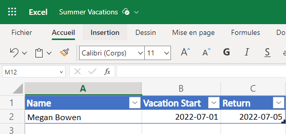 Capture d’écran d’un tableau Excel avec les colonnes intitulées Nom, Début des vacances et Retour remplies avec les données du formulaire.