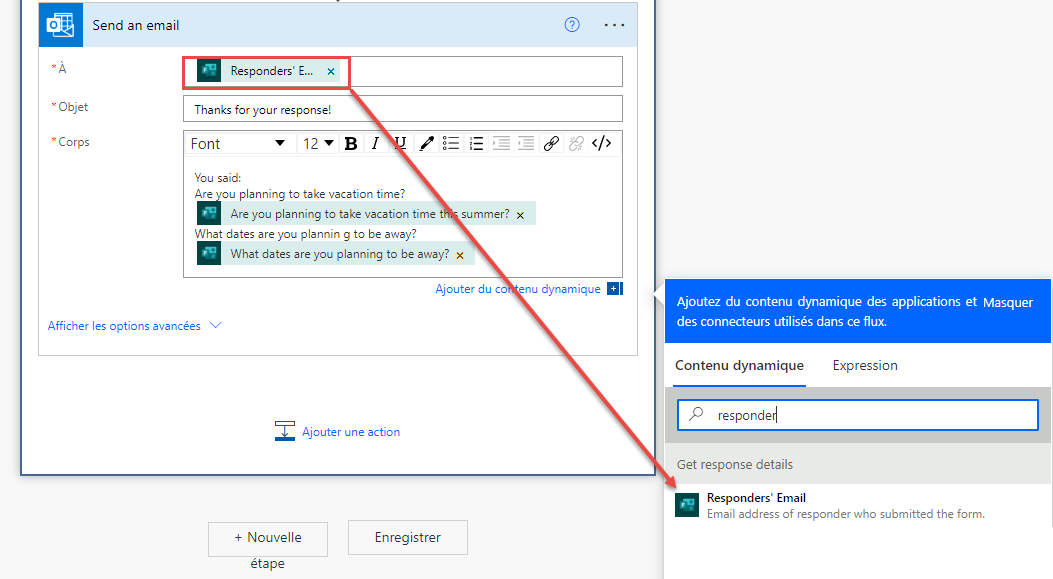 Capture d’écran d’une action d’envoi d’courrier électronique Outlook dans un flux en cours de construction, avec l’adresse électronique du répondant en surbrillance.