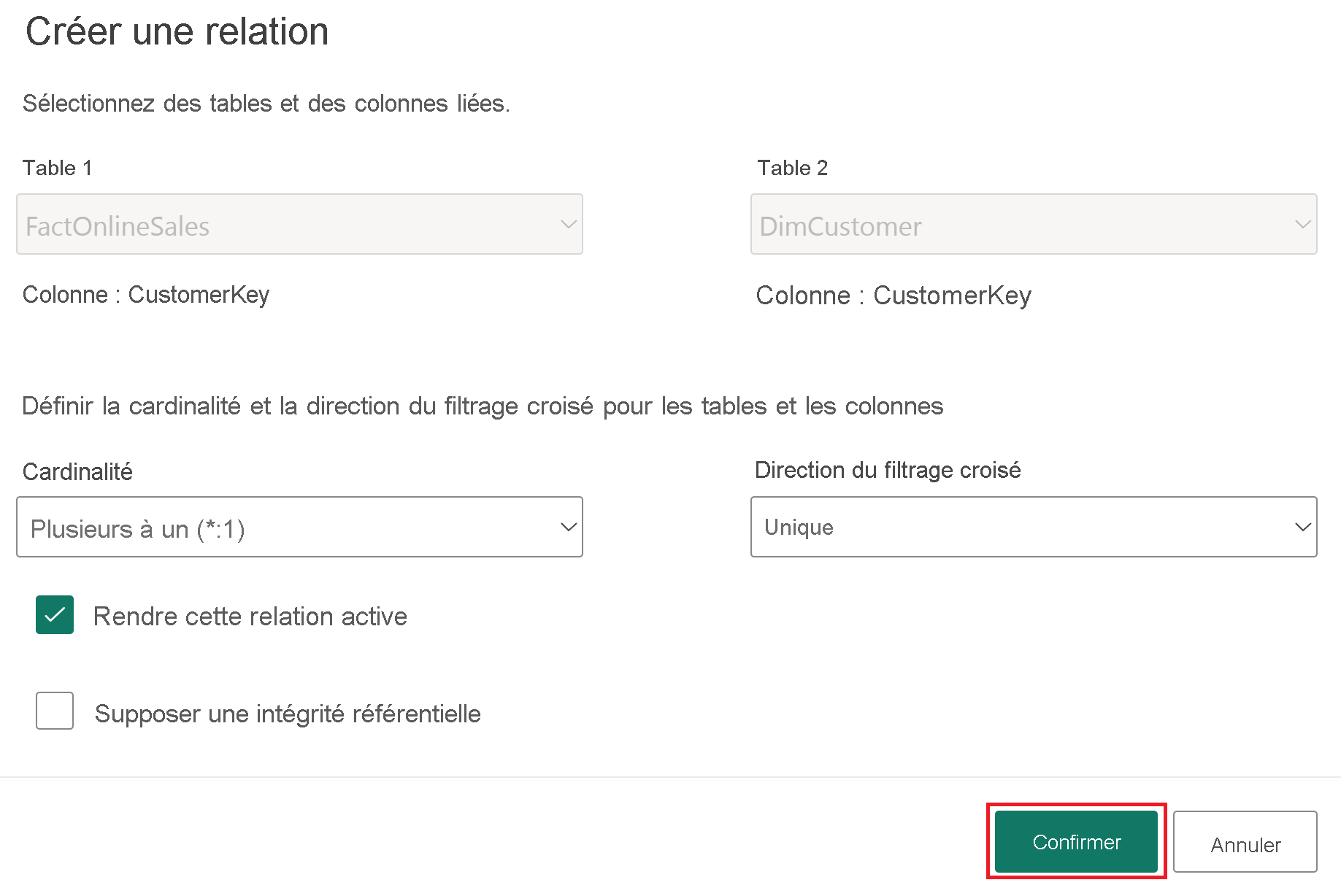 Screenshot of Relationship between the FactOnlineSales and DimCustomer table.