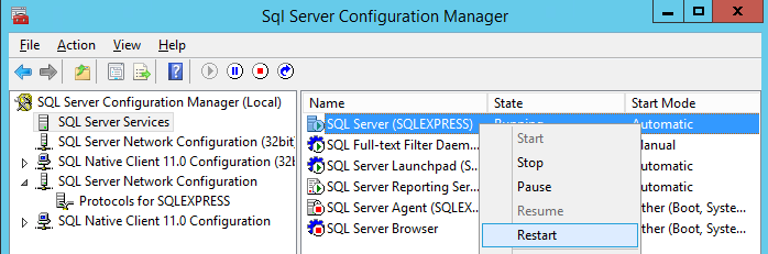Capture d’écran montrant les menus permettant de redémarrer un SQL Server instance.