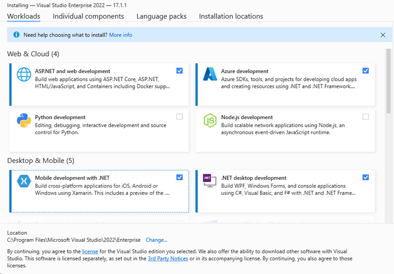 Capture d’écran montrant les options de personnalisation disponibles sous l’onglet « Charges de travail » pour Visual Studio Enterprise.