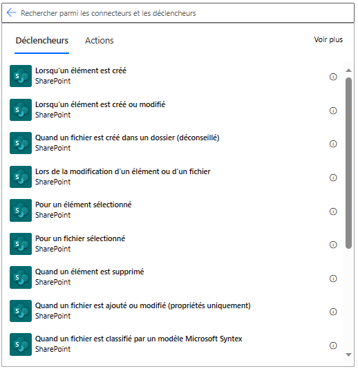 Capture d’écran montrant quelques déclencheurs SharePoint, tels que « Lorsqu’un élément est créé ».