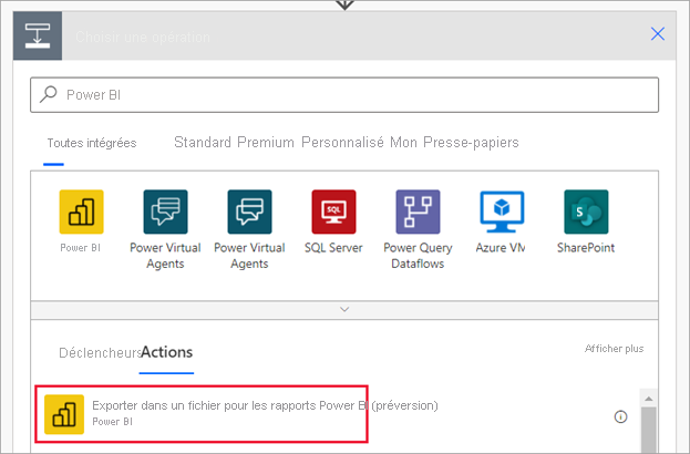 Screenshot showing the Power Automate dialog for choosing an operation. Export to file for Power BI reports is highlighted.