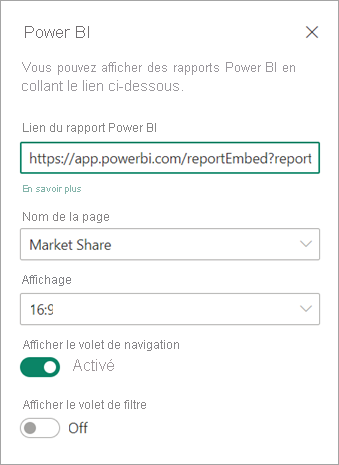 Capture d’écran de la boîte de dialogue des nouvelles propriétés du composant WebPart SharePoint avec le lien de rapport Power BI mis en surbrillance.