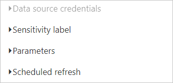 Screenshot of Power BI service's on-premises data gateway tab showing Data source credentials grayed out.