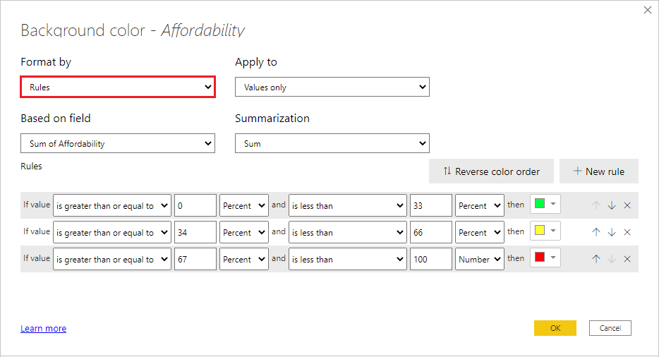 Conditional formatting dialog for background color by rules: format style dropdown option is set to rules.