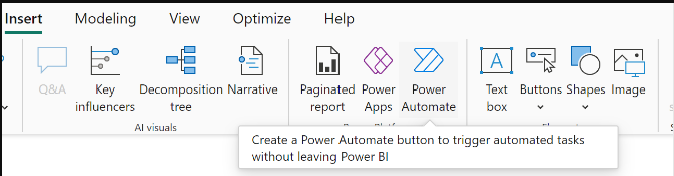 Capture d’écran de la sélection de l’icône Power Automate sous le ruban Insérer.