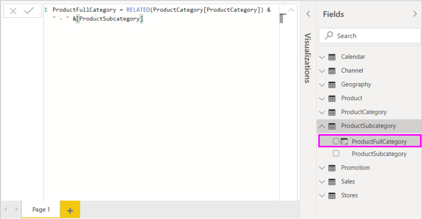 Capture d’écran de la colonne ProductFullCategory terminée.