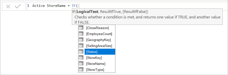 Capture d’écran de Status sélectionné pour la fonction IF dans la barre de formule.