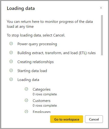Capture d’écran du chargement des données pour un datamart.