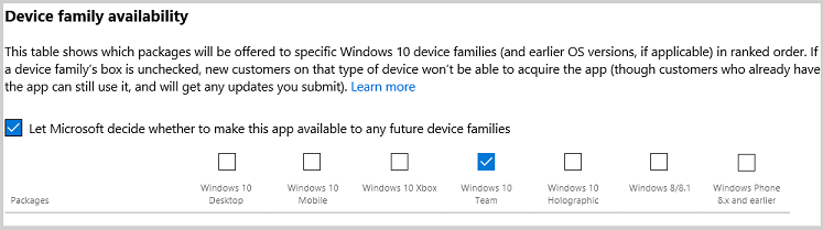 Image illustrant la page Disponibilité de la famille d’appareils (partie du processus de soumission d’applications au Microsoft Store).