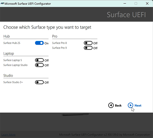 Capture d’écran montrant où sélectionner Surface Hub 2S.