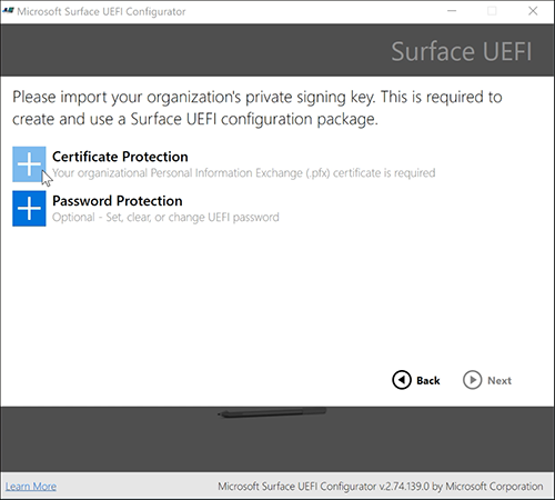 Capture d’écran montrant comment choisir « Sélectionner la protection du certificat ».