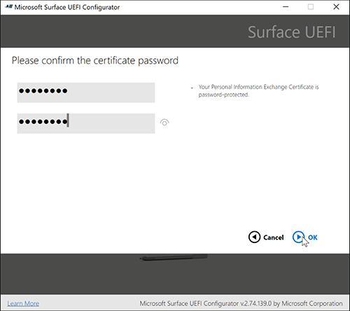 Capture d’écran montrant les champs pour entrer et confirmer votre mot de passe de certificat.