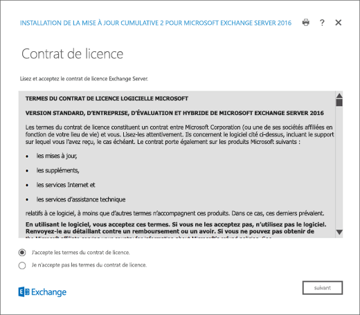 Programme d’installation Exchange – Page Contrat de Licence.