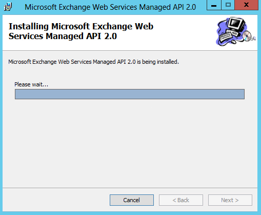 Capture d’écran de la barre d’installation de l’API managée MS Exchange.
