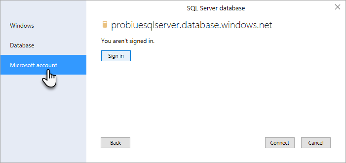 Capture d’écran de la boîte de dialogue SQL Server base de données avec l’option compte Microsoft mise en surbrillance et sélectionnée.