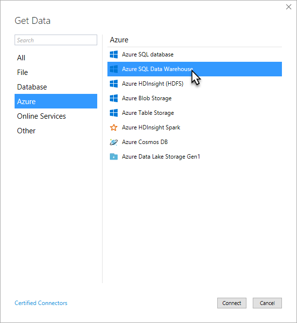 Capture d’écran de la boîte de dialogue Obtenir des données avec les options Azure et Azure SQL Data Warehouse sélectionnées.