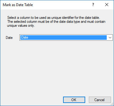Capture d’écran de la boîte de dialogue MArk as Date Table avec l’option Date mise en évidence.