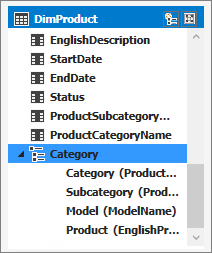 Capture d’écran de la catégorie DimProduct > montrant les colonnes nommées Model et Product.