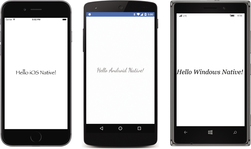 Le programme HelloNativeViews sur iOS, Android et Windows 10 Mobile