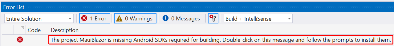 Liste d’erreurs de Visual Studio avec un message vous demandant de cliquer sur le message pour installer les Kits de développement logiciel (SDK) Android.