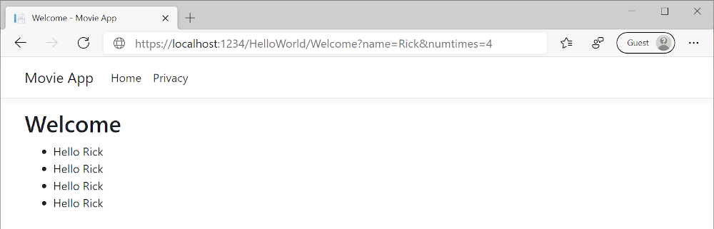 Vue Privacy de affichant une étiquette Welcome et l’expression « Hello Rick » affichée quatre fois
