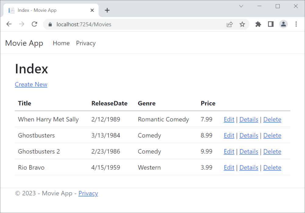 Application MVC Movie ouverte dans Microsoft Edge, affichant les données relatives aux films