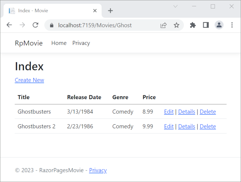 Vue Index avec le mot « ghost » ajouté à l’URL et une liste de films retournée contenant deux films, Ghostbusters et Ghostbusters 2