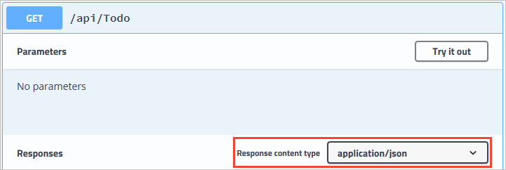 Interface utilisateur de Swagger avec le type de contenu de réponse par défaut.