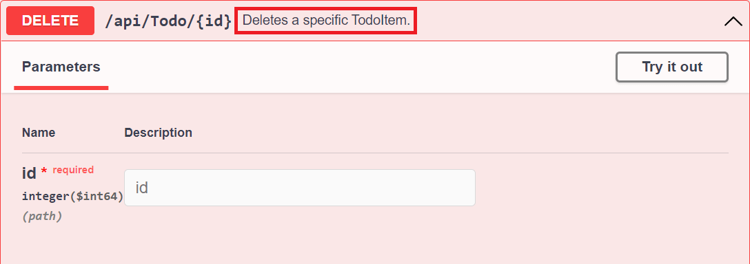 Interface utilisateur de Swagger présentant le commentaire XML « Deletes a specific TodoItem. » pour la méthode DELETE.