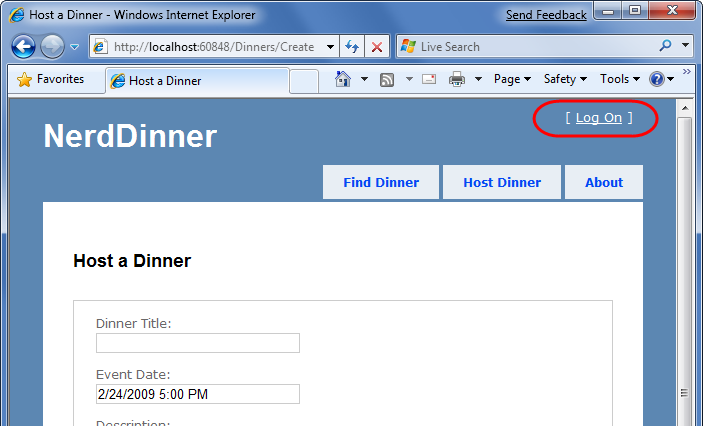 Capture d’écran de la page Nerd Dinner Host a Dinner. L’option Ouvrir une session est mise en surbrillance dans le coin supérieur droit.