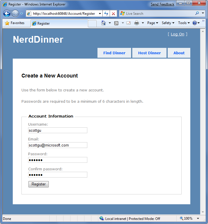 Capture d’écran de la page Nerd Dinner Create a New Account.