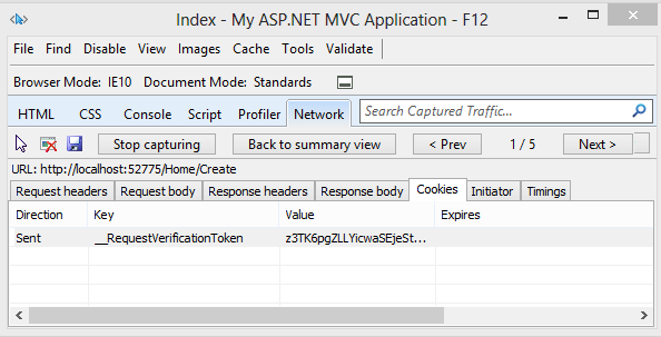 Capture d’écran montrant la page My A S P p dot NET M V C Application Index. L’onglet Réseau est ouvert.