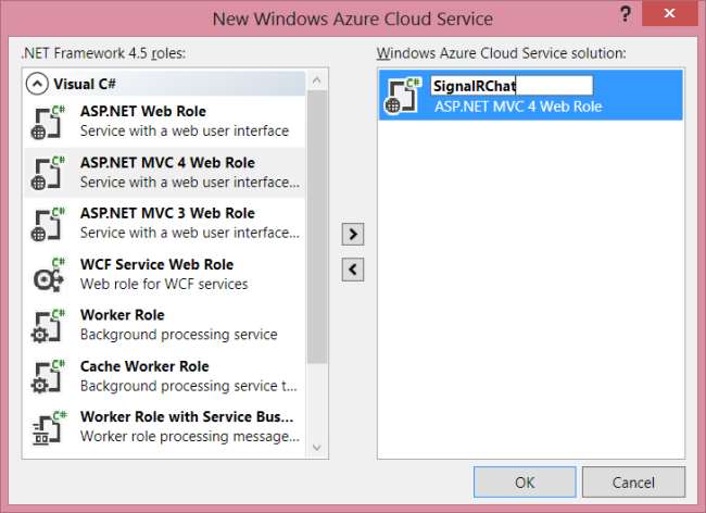 Capture d’écran de l’écran Nouveau service cloud Azure Windows avec l’option Signal R Chat mise en évidence dans le volet solution du service cloud Windows Azure.