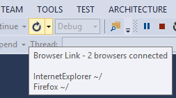 Capture d’écran de Visual Studio, avec le bouton Actualiser mis en surbrillance pour indiquer le pointage de la souris sur le bouton. L’info-bulle affiche les navigateurs connectés.