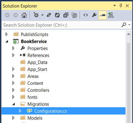 Capture d’écran du Explorateur de solutions montrant la hiérarchie de dossiers avec le fichier Configuration dot c s mis en évidence en bleu.